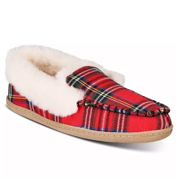 Charter Club Women's Red Plaid Faux-Fur Slip-on Slippers Size Small 7 - 8 NEW - Picture 1 of 9